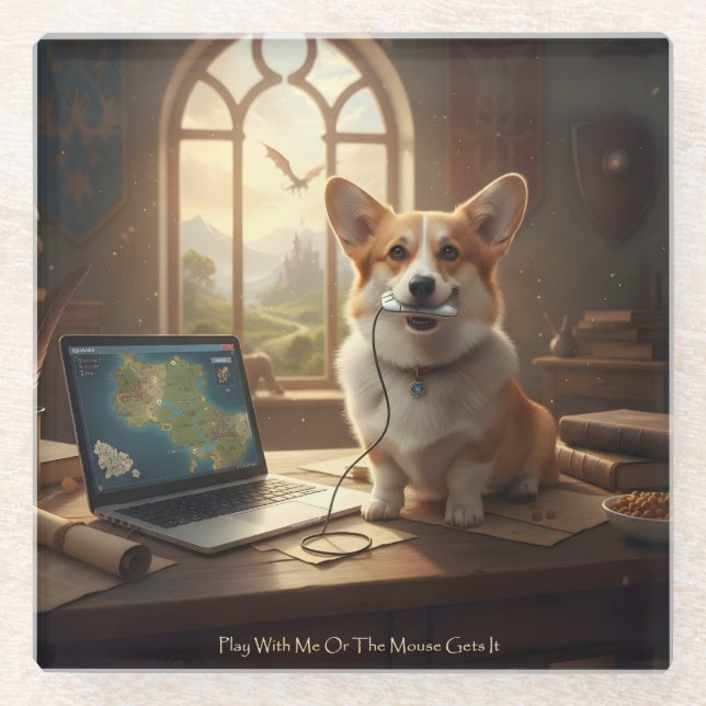 Corgi and Mouse Glass Coaster (Front)