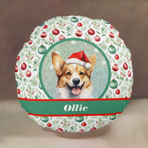 Corgi Art with Santa Hat and Christmas Ornaments Round Cushion