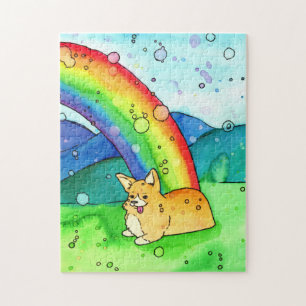 Corgi At The End Of The Rainbow Watercolor Puzzle