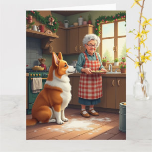 Corgi Baking with Grandma Christmas Painting Card