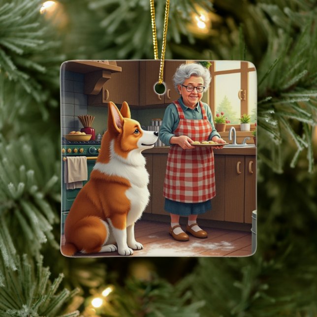 Corgi Baking with Grandma Christmas Painting Ceramic Ornament (Tree)