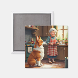 Corgi Baking with Grandma Christmas Painting Magnet
