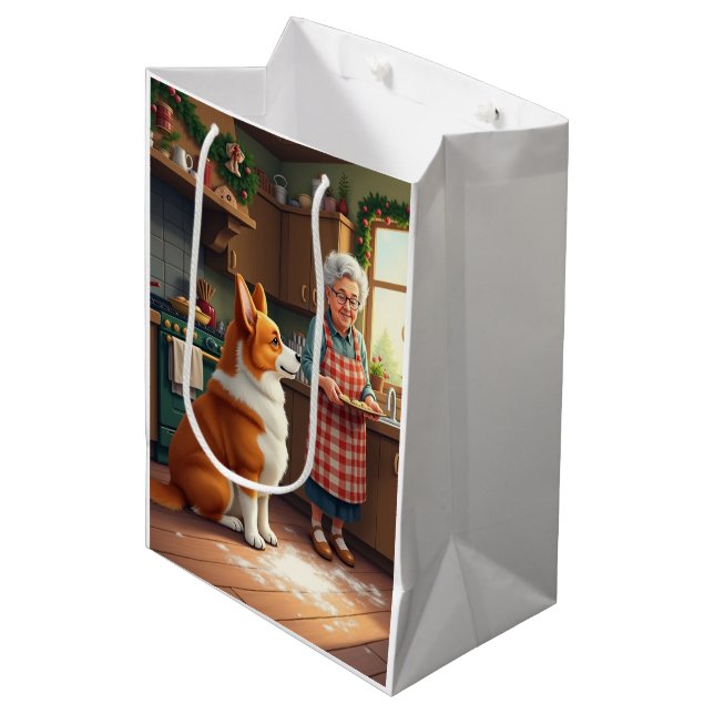 Corgi Baking with Grandma Christmas Painting Medium Gift Bag (Front Angled)