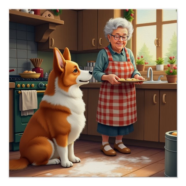Corgi Baking with Grandma Christmas Painting Poster (Front)