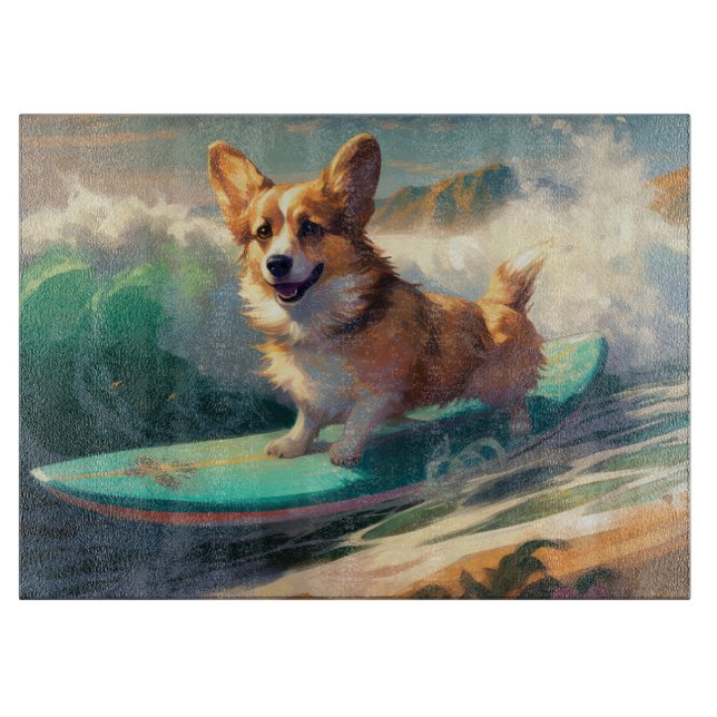 Corgi  Beach Surfing Painting  Cutting Board (Front)