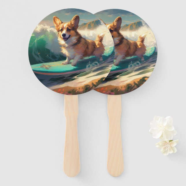 Corgi  Beach Surfing Painting  Hand Fan (Front and Back)