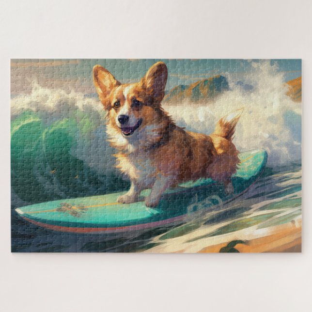 Corgi  Beach Surfing Painting  Jigsaw Puzzle (Horizontal)