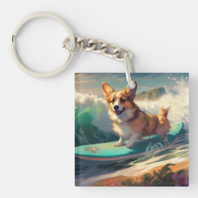 Corgi  Beach Surfing Painting  Key Ring (Front)