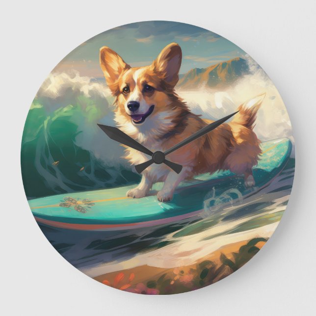 Corgi  Beach Surfing Painting  Large Clock (Front)