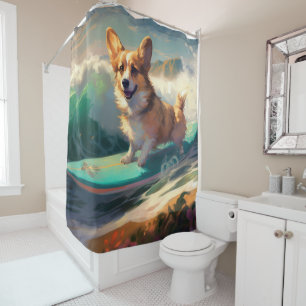 Corgi Beach Surfing Painting Shower Curtain
