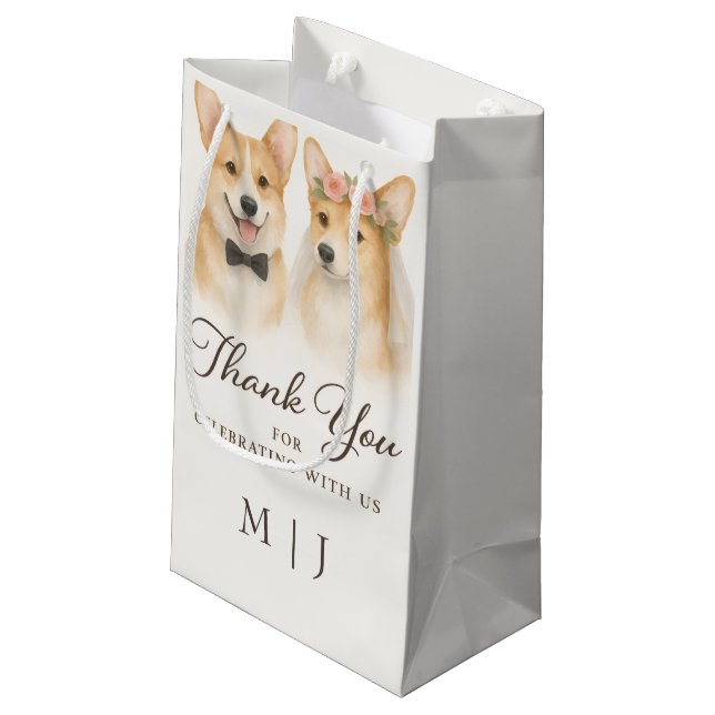 Corgi Blush Ivory Wedding Thank you Monograms Small Gift Bag (Back Angled)