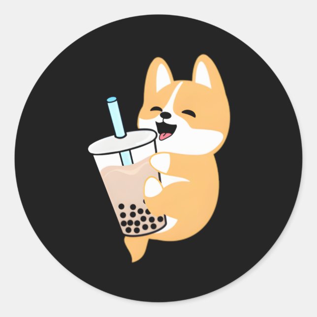 Corgi Boba Classic Round Sticker (Front)