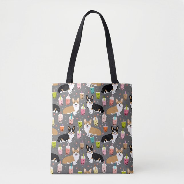 Corgi bubble Tea - Tri and Red corgis - grey Tote Bag (Front)