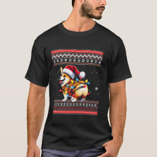 Corgi Butt Funny Ugly Santa Hat Snowflakes Lights T-Shirt