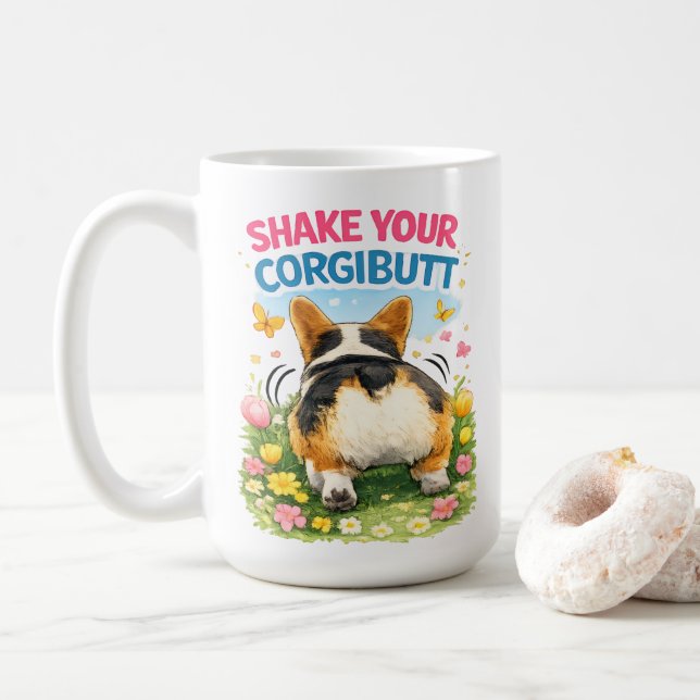 Corgi Butt Wiggle – Funny Corgi Humour Coffee Mug (With Donut)