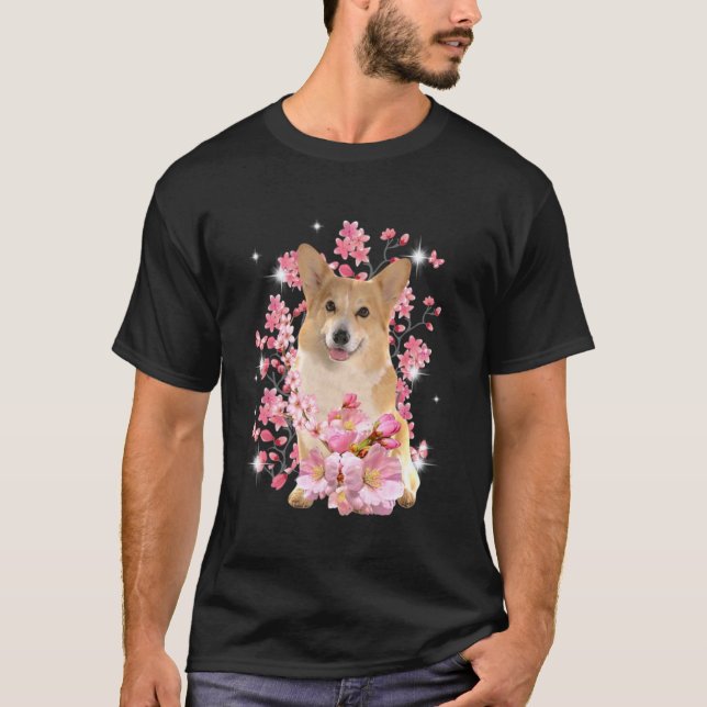 Corgi Cherry Blossom Flowers T-Shirt (Front)
