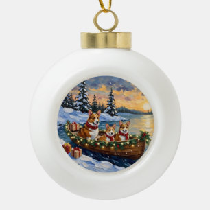 Corgi Christmas Boat Holiday Ceramic Ball Christmas Ornament