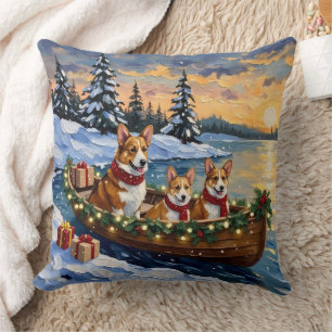 Corgi Christmas Boat Holiday Cushion
