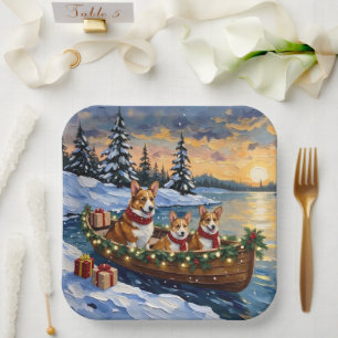 Corgi Christmas Boat Holiday Paper Plate