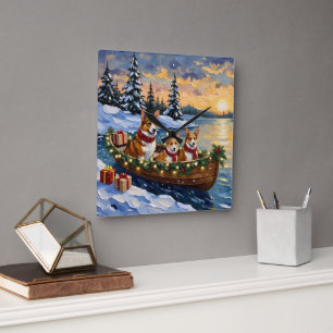 Corgi Christmas Boat Holiday Square Wall Clock