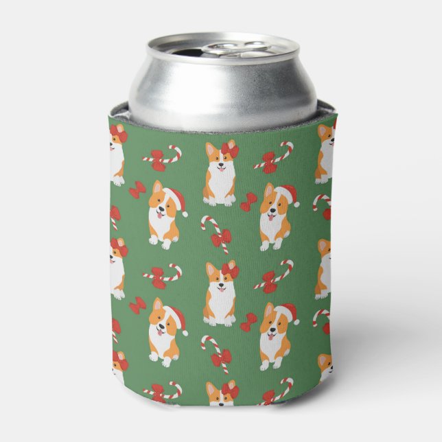 Corgi Christmas Candy Cane Pattern Can Cooler (Can Front)