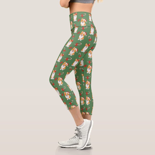 Corgi Christmas Candy Cane Pattern Capri Leggings (Left)