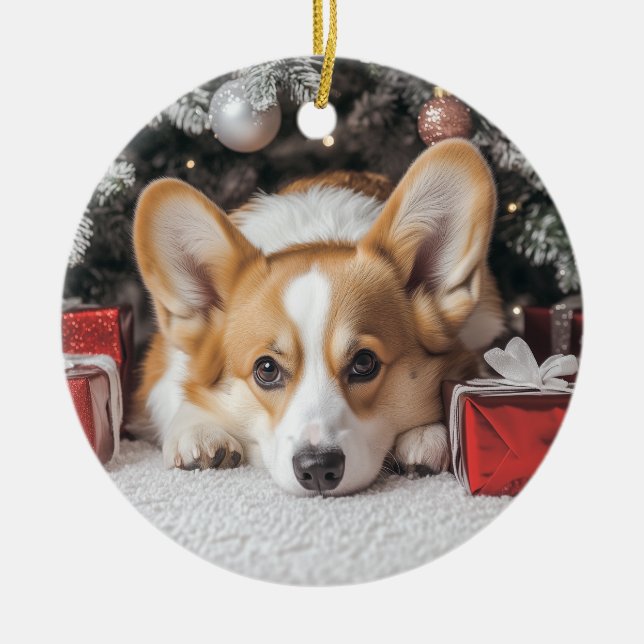 Corgi Christmas Ceramic Tree Decoration (Front)