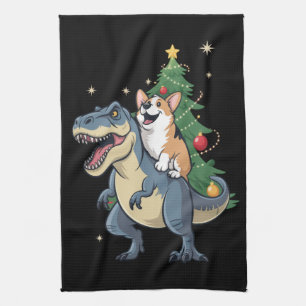 Corgi Christmas Dinosaur Tree Rex Holiday Xmas  Tea Towel