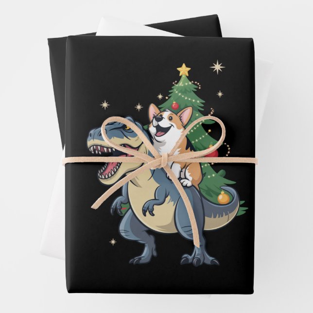 Corgi Christmas Dinosaur Tree Rex Holiday Xmas  Wrapping Paper Sheet (In situ)