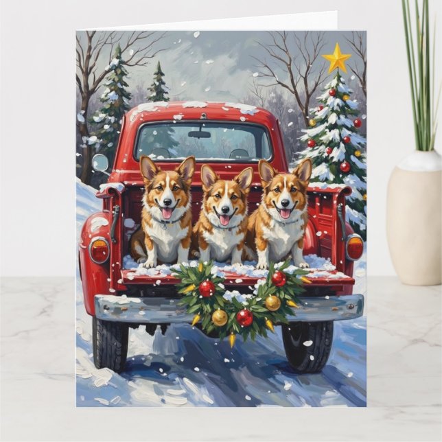 Corgi Christmas Red Truck Holiday Card (Front)