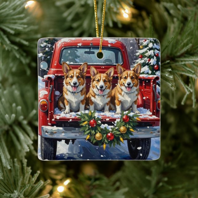 Corgi Christmas Red Truck Holiday Ceramic Ornament (Tree)