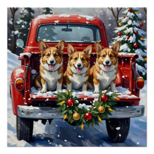 Corgi Christmas Red Truck Holiday Poster
