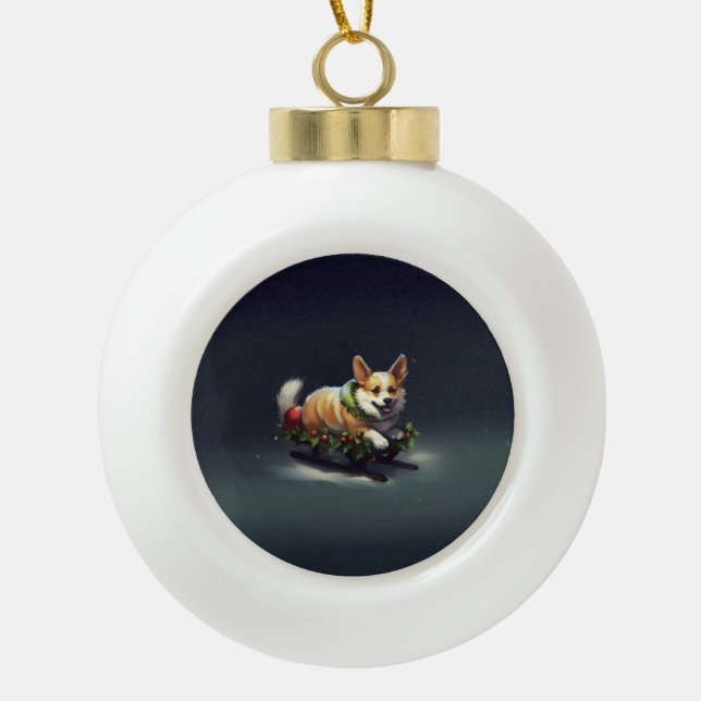 Corgi Christmas snow winter Ceramic Ball Christmas Ornament (Front)