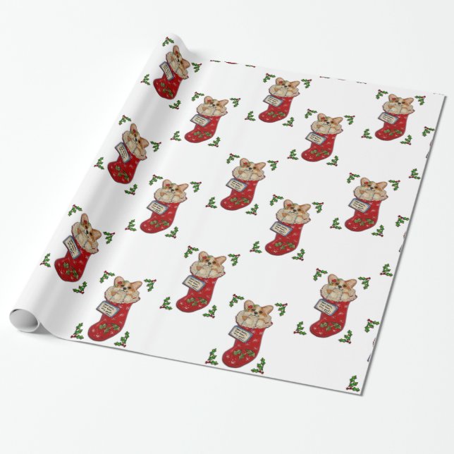 Corgi Christmas Stocking Wrapping Paper (Unrolled)