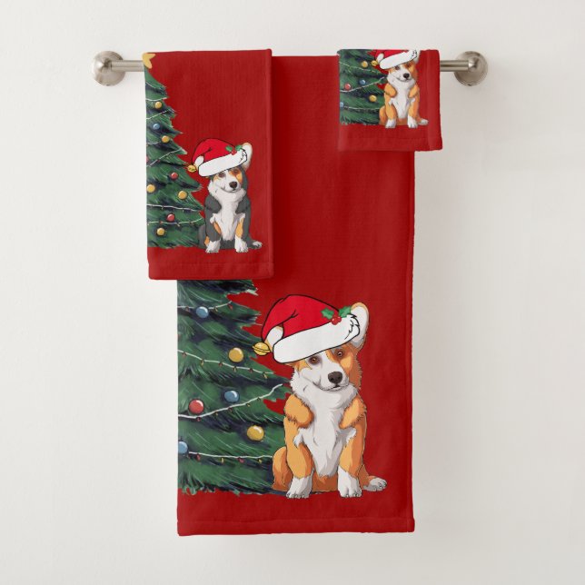 Corgi Christmas Tree Cute Red Holiday Bath Towel Set (Insitu)