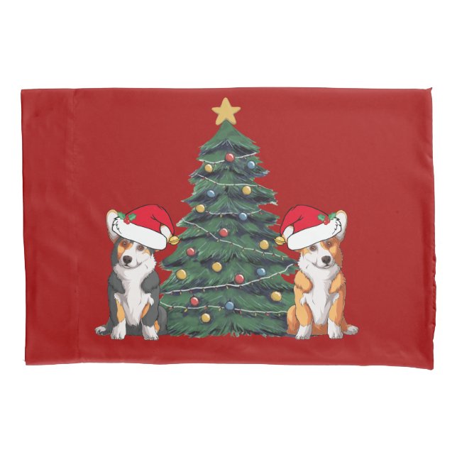Corgi Christmas Tree Cute Red Holiday Pillowcase (Front)
