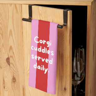 'Corgi cuddles served daily' Red And Pink Striped Tea Towel