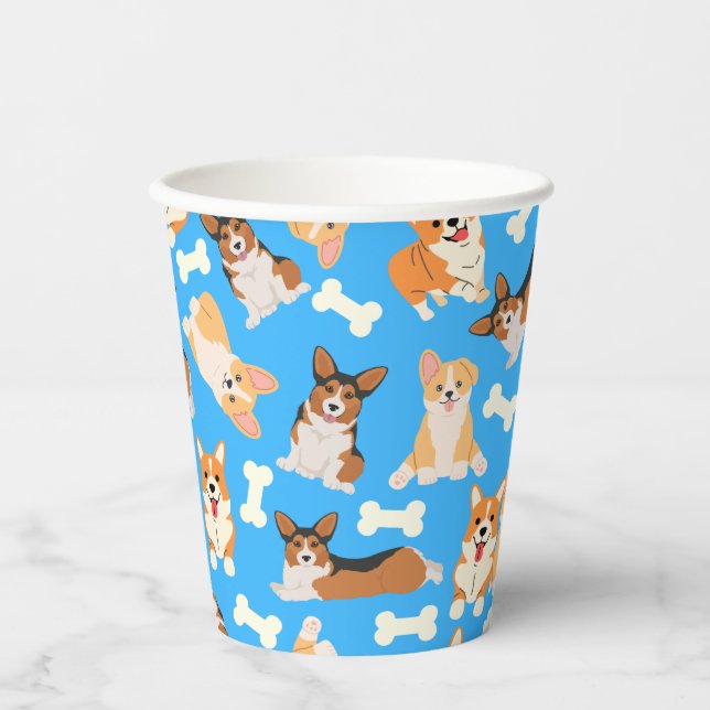 Corgi Cute Pattern Blue Paper Cups (Front)