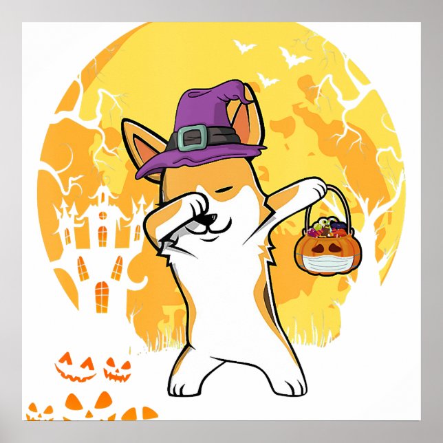Corgi Dabbing Witch Pumpkin Funny Dog Halloween Poster (Front)