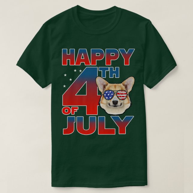 Corgi Dog American Flag Glasses Happy 4th Of July  T-Shirt (Design Front)