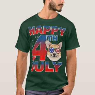 Corgi Dog American Flag Glasses Happy 4th Of July  T-Shirt