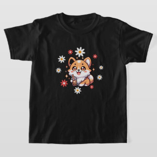 Corgi Dog and Boba Tea Lover Floral T-Shirt