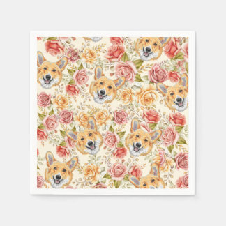 CORGI DOG AND ENGLISH ROSES PAPER DECOUPAGE NAPKIN