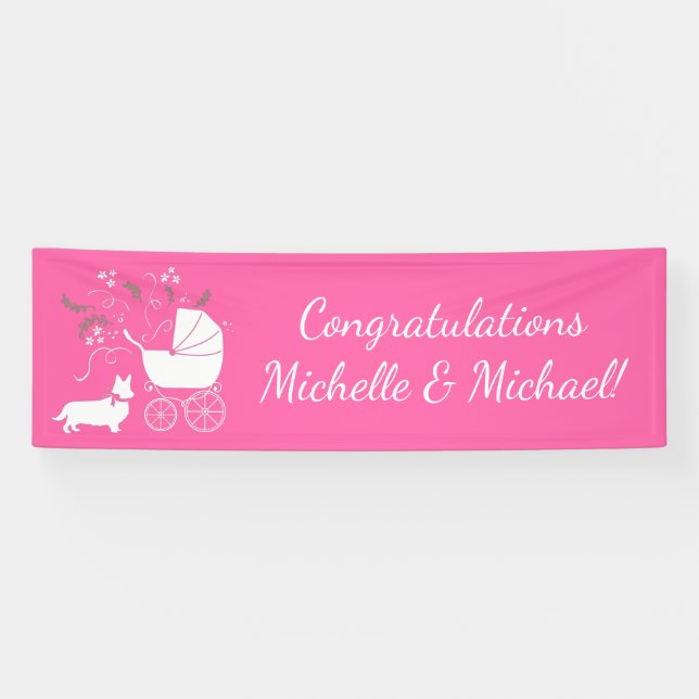 Corgi Dog Baby Shower Puppy Gray Welsh Pink Girl Banner (Horizontal)