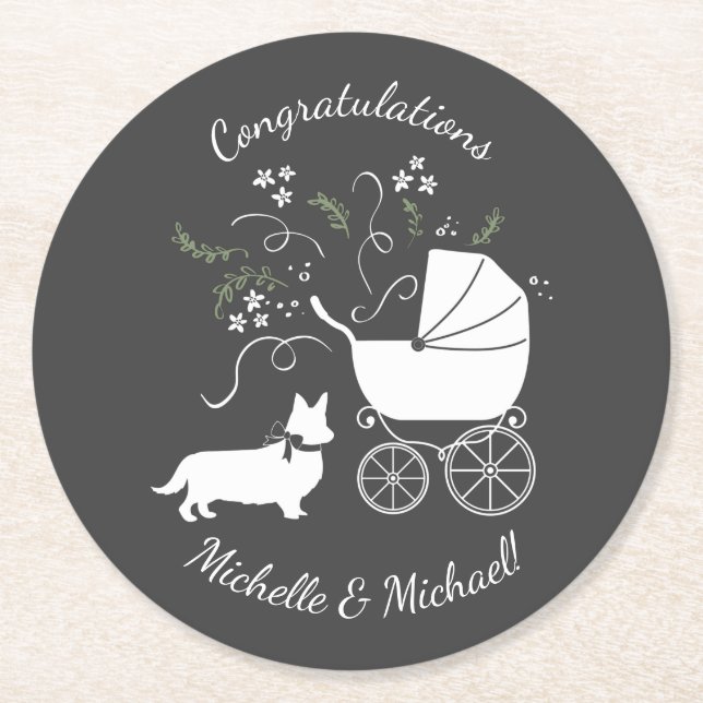 Corgi Dog Baby Shower Puppy Grey Welsh Pembroke Round Paper Coaster (Front)