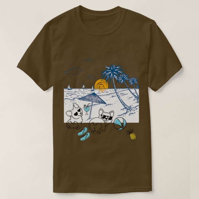 Corgi Dog Beach View With Palm Trees And Sailboats T-Shirt (Design Front)
