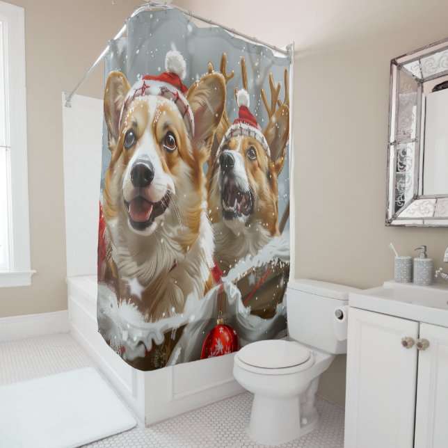 Corgi Dog Christmas Festive  Shower Curtain (In Situ)