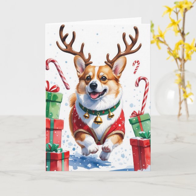 Corgi Dog Christmas Greeting Card (Yellow Flower)
