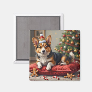 Corgi Dog Christmas Loaf with Santa Crown Art Magnet