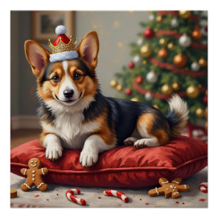 Corgi Dog Christmas Loaf with Santa Crown Art Poster